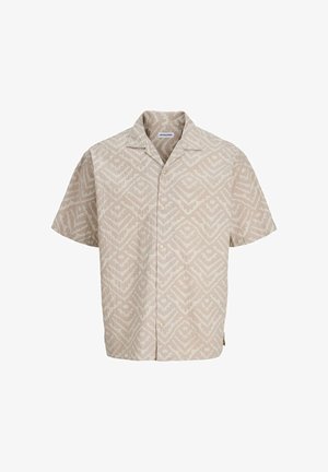 Μπεζ πουκάμισο με κοντό μανίκι, κουμπιά, διακριτικό γεωμετρικό μοτίβο και καμπ ανοιχτό γιακά, κατασκευασμένο από Jack & Jones.