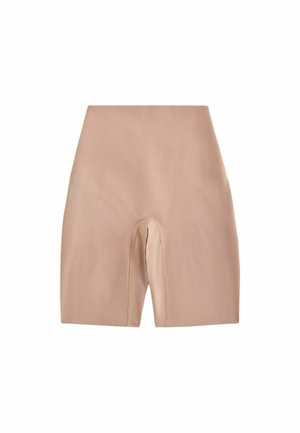 High-waist beige shapewear shorts with a smooth finish and central seam, designed for body contouring and support.
