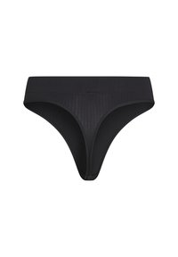 Schwarzer gerippter Tanga mit breitem Bund, glatter Textur, minimalistischer Gestaltung und nahtlosen Kanten für Komfort und Vielseitigkeit.