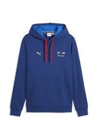 Blauer Kapuzenpullover mit roten Kordeln, Kängurutasche und Puma-Logo, mit BMW Motorsport-Aufdruck in Weiß auf der Brust.