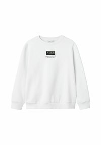 Sudadera blanca de algodón con cuello redondo, puños acanalados y un estampado gráfico en el pecho que dice "CREAR E INNOVAR."