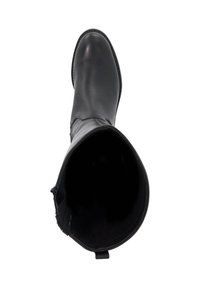Black leather knee-high boot, rounded toe, smooth texture, zipper detail on the side, and a pull tab at the back for easy wear.