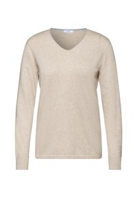 Pull beige à manches longues en V, fabriqué en tissu doux, avec une coupe décontractée et des poignets côtelés. Design simple sans motifs ni accents.