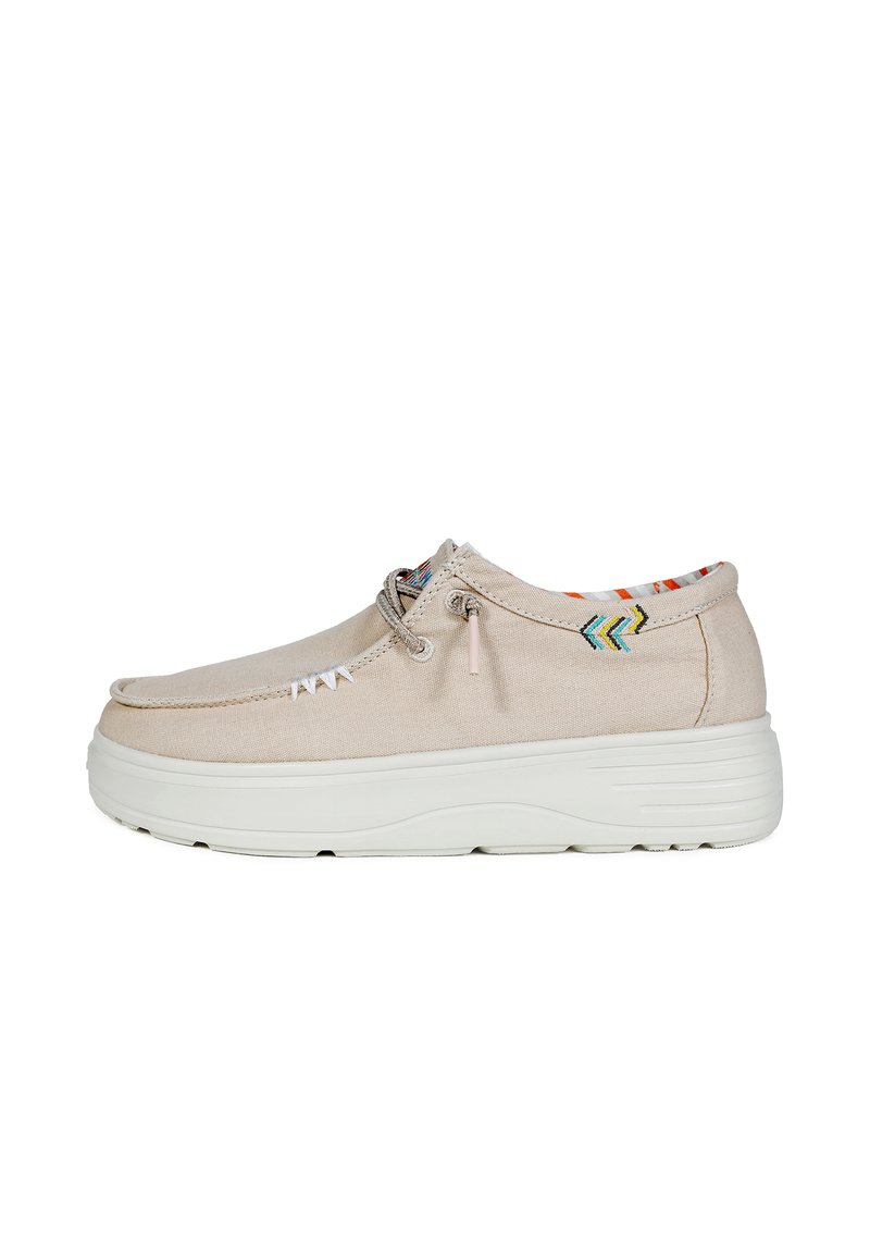 Scarpe in tela beige con punta rotonda, cuciture decorative, fodera con motivo arcobaleno e suola in gomma bianca con scanalature.