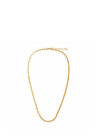 Naszyjnik z metalu w odcieniu złota o płaskim, zakrzywionym wzorze. Posiada zapięcie typu lobster oraz regulowany łańcuszek, co umożliwia dostosowanie długości.