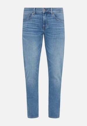 Light blue denim jeans with a slim fit, five-pocket design, tapered legs, and visible stitching details. No distinctive patterns or embellishments.