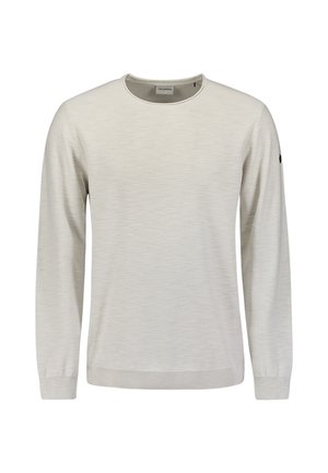 Light grey long-sleeve sweater with a round neck, ribbed cuffs and hem, soft texture, and a small branded accent on the left sleeve.