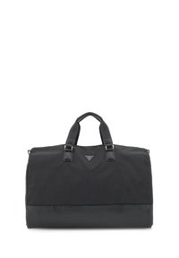 Borsa duffel nera con parte superiore in tessuto e base in pelle liscia. Manici superiori doppi e logo triangolare in evidenza sulla parte anteriore. Forma rettangolare, chiusura con zip.