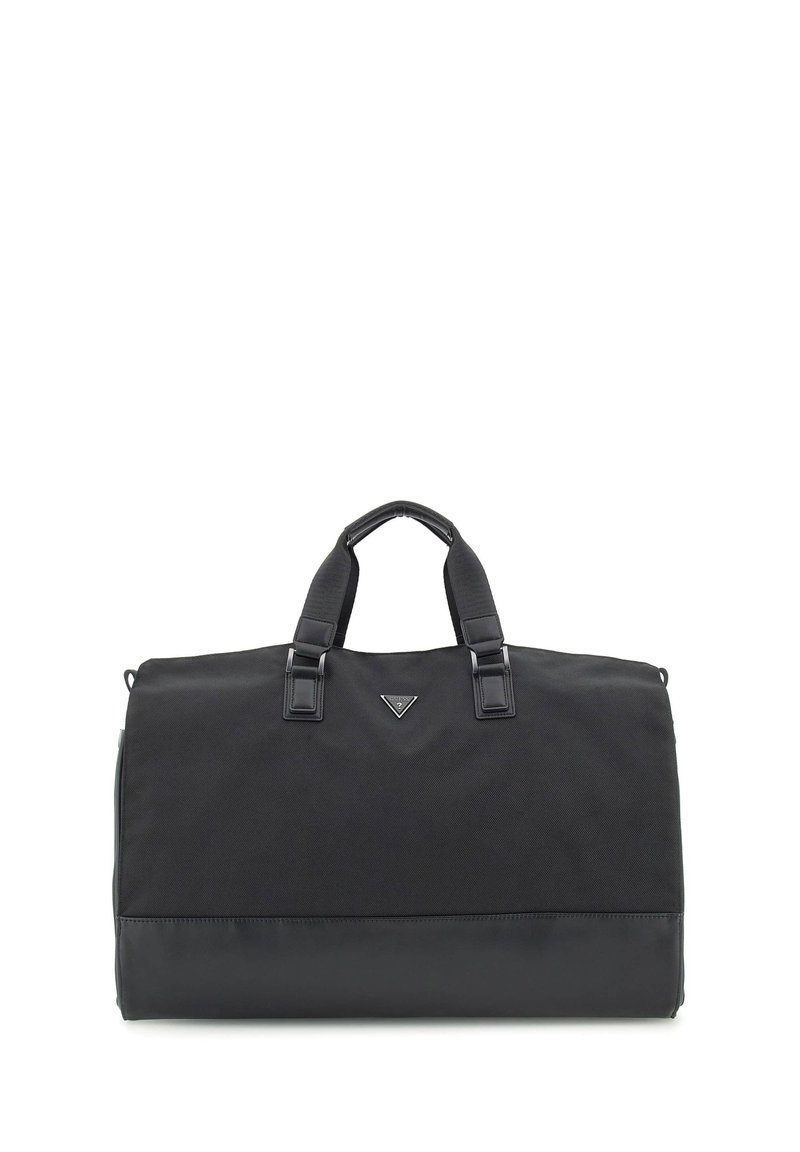 Borsa duffel nera con parte superiore in tessuto e base in pelle liscia. Manici superiori doppi e logo triangolare in evidenza sulla parte anteriore. Forma rettangolare, chiusura con zip.
