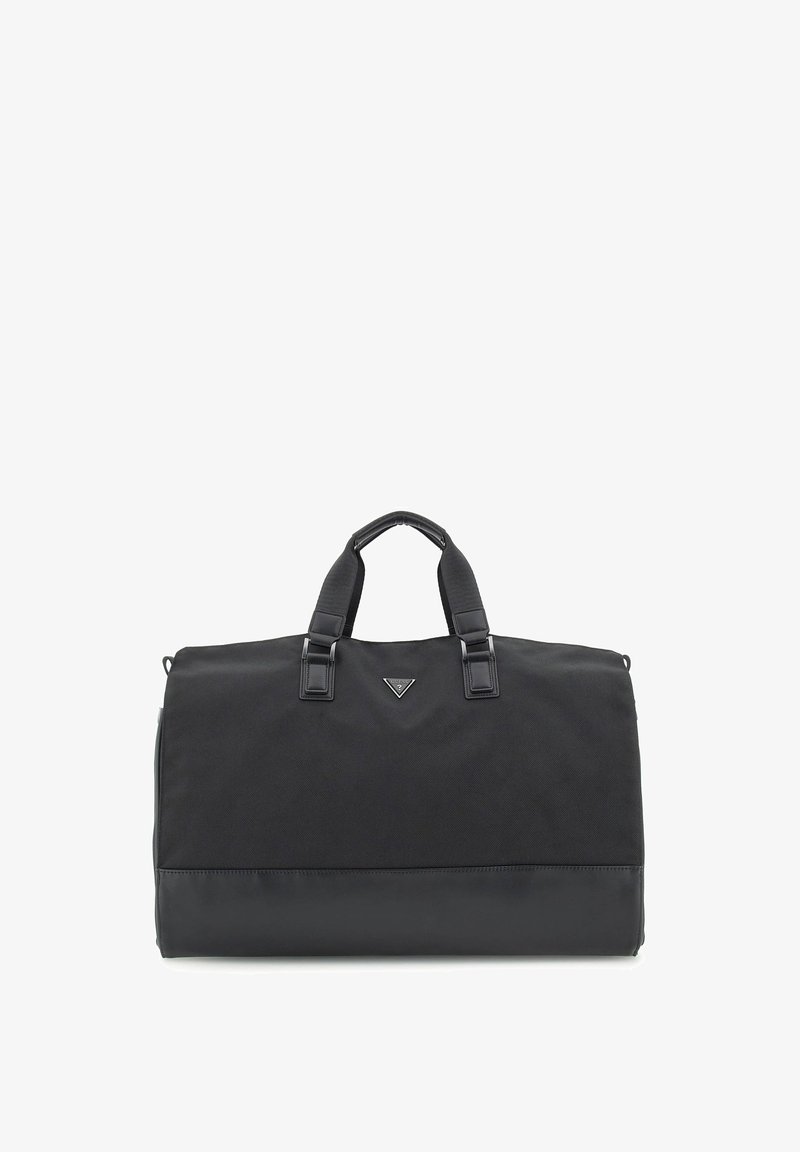 Borsa duffel nera con parte superiore in tessuto e base in pelle liscia. Manici superiori doppi e logo triangolare in evidenza sulla parte anteriore. Forma rettangolare, chiusura con zip.