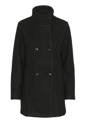Manteau noir croisé avec un col haut, fabriqué en tissu texturé. Comprend deux boutons sur le devant et un design droit.