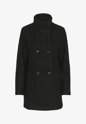 Manteau noir croisé avec un col haut, fabriqué en tissu texturé. Comprend deux boutons sur le devant et un design droit.