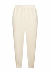 Pantalones jogger de color beige claro, confeccionados con una tela suave. Presentan una cintura elástica, bolsillos laterales y puños acanalados en los tobillos.