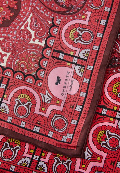 Red patterned scarf with intricate floral and paisley designs. Vivid colors include red, pink, and brown with black outlines and textures.