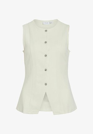 Ärmelloses cremefarbenes Top mit einer figurbetonten Passform, fünf dekorativen Knöpfen an der Vorderseite und einem gespaltenen Saum hinten für zusätzlichen Detailreichtum.