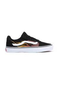 Le scarpe da skate in tela nera presentano strisce laterali bianche e un motivo di fiamme arancioni e gialle, con una suola bianca e lacci neri.