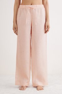 Lichtroze linnen broek met een wijde pijp, elastische tailleband en verstelbaar trekkoord. Glad textuur met een ontspannen pasvorm.