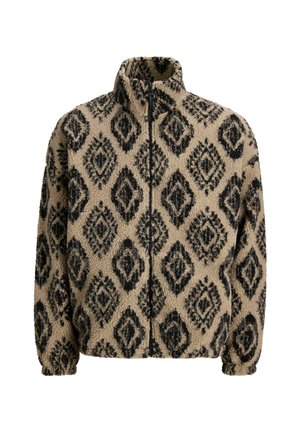 Veste en polaire beige avec un motif en losanges noir, col haut, fermeture zippée et poignets élastiques. Texture douce, coupe décontractée et design confortable.
