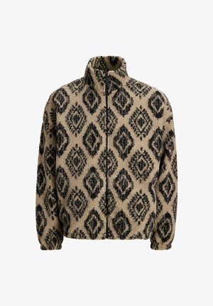 Giacca in pile beige con motivo a diamante nero, colletto alto, chiusura con zip e polsini elastici. Tessuto morbido, vestibilità comoda e design accogliente.