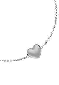 Silver necklace with a smooth heart-shaped pendant linked by a thin chain on a white background.