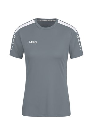 Graues Sport-T-Shirt mit kurzen Ärmeln, weißen Akzenten an den Schultern und Punktenmuster auf den Ärmeln. Mit "JAKO"-Logo auf der Vorderseite.