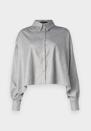 Cropped gray button-up shirt with a collared neck, long sleeves, and a relaxed fit. Smooth fabric with subtle texture and rounded hem.