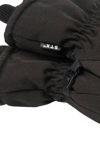 Czarne ocieplane rękawice, wykonane z trwałego materiału. Posiadają elastyczne mankiety, zapięcie na klamrę oraz widoczny napis "STX" na etykiecie.