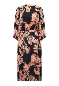 Blumenkleid mit schwarzem Grund und großen rosa und pfirsichfarbenen Blumenmustern, kurzen Ärmeln und einem Bindegürtel in der Taille.