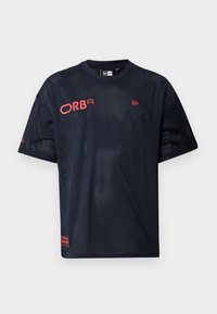 Navy blue short-sleeve mesh t-shirt with red logo details. Features a round neckline and breathable fabric for ventilation.
