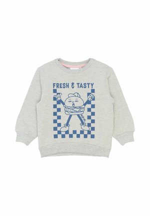 Lys grå sweatshirt med en blå tegneserie-burgerkarakter iført en kasket, rammet ind af ternede firkanter, og teksten "FRESH & TASTY" ovenfor.