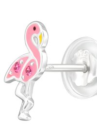 Roze flamingovormige studoorbel van zilver (925) met roze emaille en twee roze edelsteenaccenten, met een gele snavel.