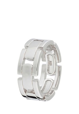Breiter Silberring aus glatten, miteinander verbundenen rechteckigen Gliedern mit einem 925 Sterling Silber-Stempel innen.