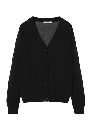 Cardigan nero realizzato in tessuto knit leggero, con scollo a V, maniche lunghe e chiusura a bottoni con una trama sottile.