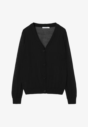 Juodas kardiganas, pagamintas iš lengvo trikotažo, su V formos iškirpte, ilgomis rankovėmis ir mygtukų uždarymu su subtilia tekstūra.