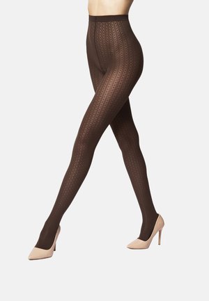 Bruine patroontights met een geometrisch ontwerp, gemaakt van doorschijnend materiaal, gecombineerd met beige hoge hakken. De tailleband is elastisch.