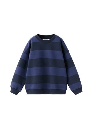 Trui met lange mouwen en ronde hals met brede horizontale strepen in marineblauw en donkerblauw, geribbelde boorden, halslijn en zoom.