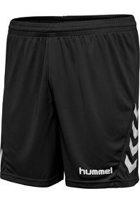 Zwarte sportshorts van lichtgewicht stof, met een elastische tailleband, een wit logo en een grijs chevronpatroon aan de zijkanten.