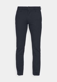 Ciemnoszare chinosy wykonane z gładkiego materiału, z zapięciem na guziki z przodu, szlufkami na pasek i zwężanymi nogawkami dla nowoczesnego kroju.