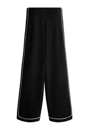 Čierne nohavice s širokými nohavicami, vysokým pásom a bielym pruhom pozdĺž bočných švov a lemov, zobrazené na bielom pozadí.