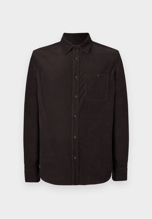 Dark brown long-sleeve shirt made of textured fabric, featuring a button-down collar and chest pocket with a single button.