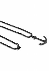 Collana con pendente a forma di ancora in metallo nero su una catena abbinata, caratterizzata da una finitura texturizzata e un design elegante con un gancio sicuro.
