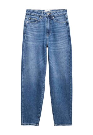 Blauwe denim jeans met hoge taille, knopen en ritssluiting aan de voorkant, vijf zakken en een rechte pijp.