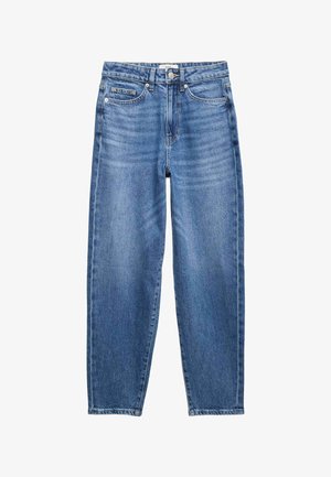 Jeans di denim blu a vita alta con bottone e cerniera frontali, cinque tasche e taglio a gamba dritta.