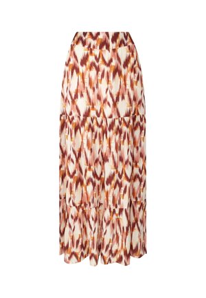 Laagjes maxi rok van een lichtgewicht stof. Heeft een abstract patroon van rood, oranje en crème. Platte tailleband en uitlopende zoom.