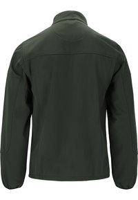Veste softshell vert foncé, zippée, avec un col montant, des coutures angulaires, des poignets élastiques et une texture lisse.