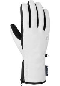 Witte handschoenen met een zwarte leren palm, ritssluiting en logo-details. Ontworpen voor warmte en waterdichte functionaliteit.