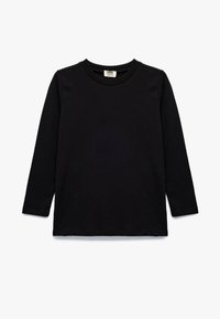 Czarny t-shirt z długim rękawem, o okrągłym dekolcie, wykonany z miękkiej bawełny. Posiada przeszyte brzegi i luźny krój.