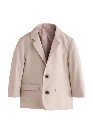 Svetlo béžové sako s hladkou textúrou, jednoradové prevedenie, výrezy na klopách, dve predné vrecká a dva hnedé gombíky.