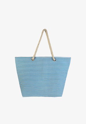 Gestreifte Tragetasche mit blauen und weißen horizontalen Streifen, aus einem Stoff mit strukturierter Oberfläche und einem natürlichen Seilgriff.