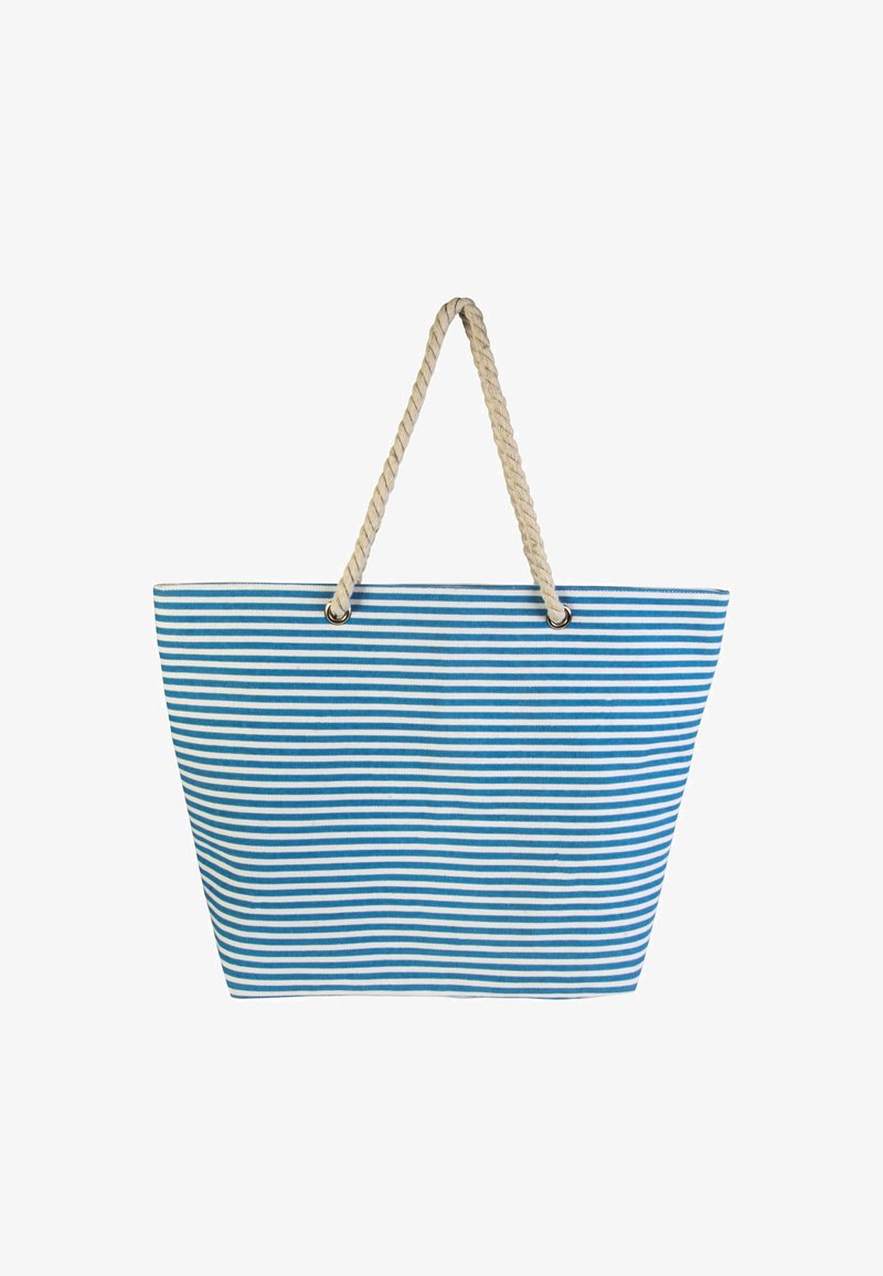 Striped tote bag featuring blue and white horizontal stripes, made of fabric with a textured surface, and a natural rope handle.